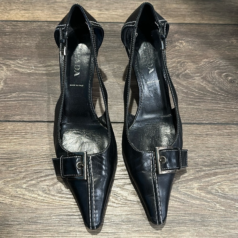 PRADA VINTAGE Pointed Toe Buckle Kitten Heel Slingback Mule Size 36